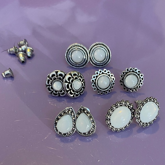 NEW!💙💎OPAL LOOK! ANTIQUE DESIGN!💎💙SET 5 PAIRS BEAUTIFUL SILVER LOOK EARRINGS - Picture 4 of 6